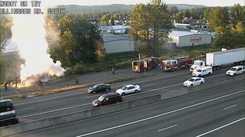 A trailer caught fire on the northbound SR 167 offramp to Ellingson Road.