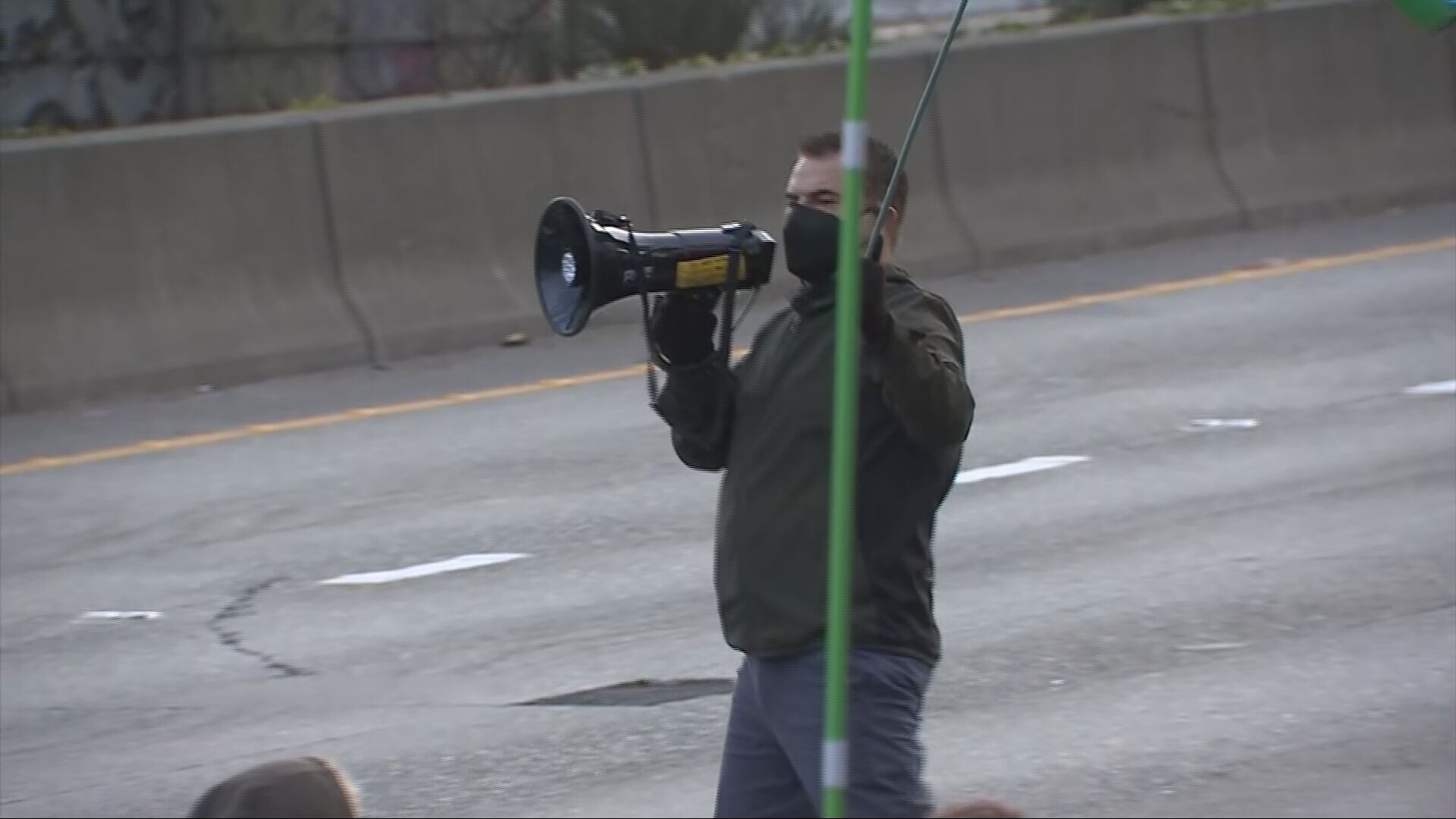 Protesters blocking I-5 through Seattle on Saturday, Jan. 6