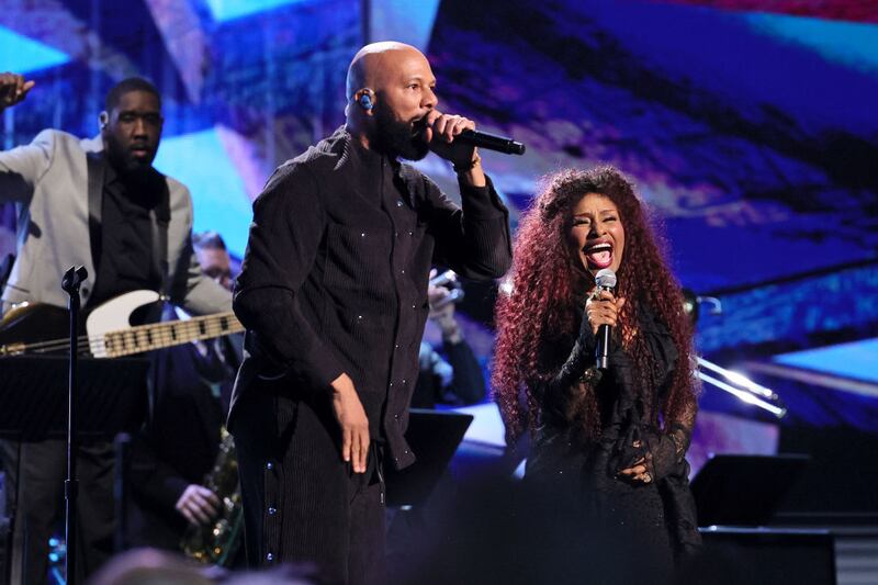 NEW YORK, NEW YORK - NOVEMBER 03: Common and Chaka Khan perform onstage during the 38th Annual Rock & Roll Hall Of Fame Induction Ceremony at Barclays Center on November 03, 2023 in New York City. (Photo by Theo Wargo/Getty Images for The Rock and Roll Hall of Fame )