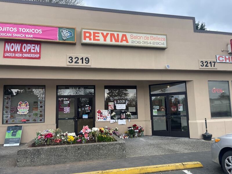 Memorial in front of the Renton salon owned by  Reyna Hernandez.