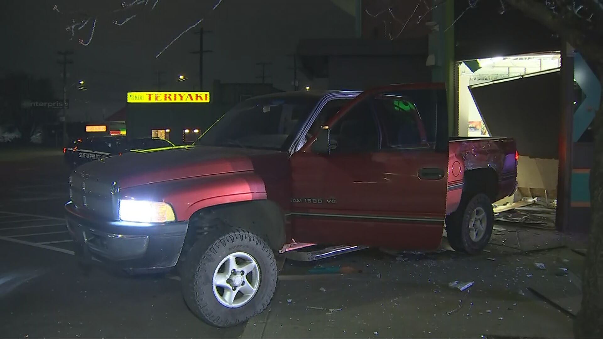 A Dodge pickup rammed a pot shop at East Marginal Way and South Michigan Street early Wednesday.