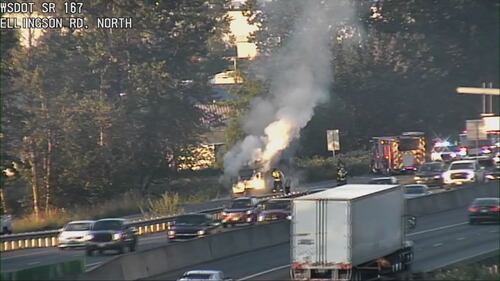 A trailer caught fire on the northbound SR 167 offramp to Ellingson Road.