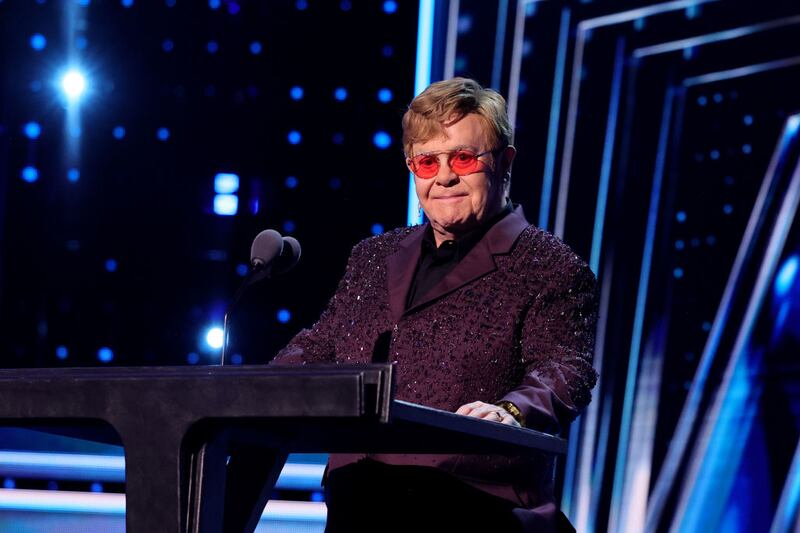 NEW YORK, NEW YORK - NOVEMBER 03: Elton John speaks onstage during the 38th Annual Rock & Roll Hall Of Fame Induction Ceremony at Barclays Center on November 03, 2023 in New York City. (Photo by Theo Wargo/Getty Images for The Rock and Roll Hall of Fame )