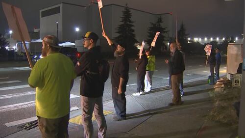 9-13-24. Boeing workers in Everett walk the picket line after rejection the company's proposed contract on Thursday.