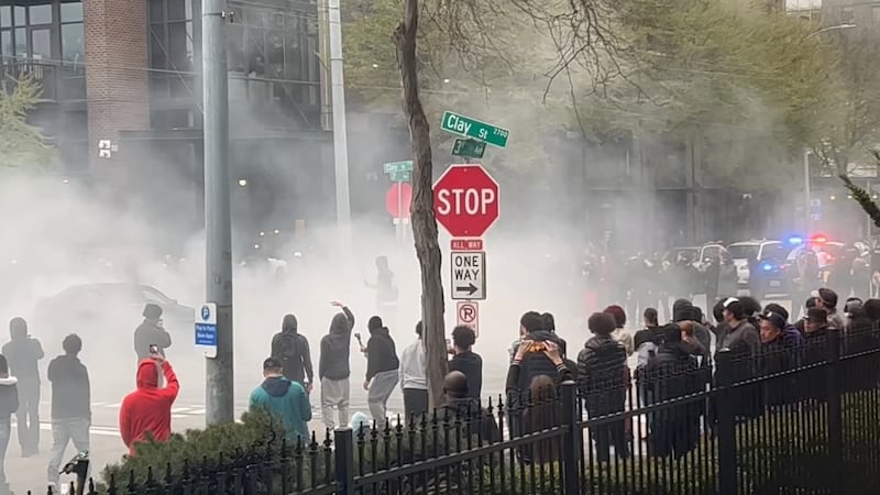 Tires squealed and smoke from burning rubber filled the air as cars did donuts outside the KIRO 7 studios on Saturday, April 15.