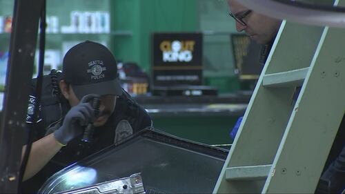 At about 3:45 a.m., burglars rammed Cannazone Seattle on First Avenue South near Walker Street, which is adjacent to a Starbucks, on March 19, 2024.