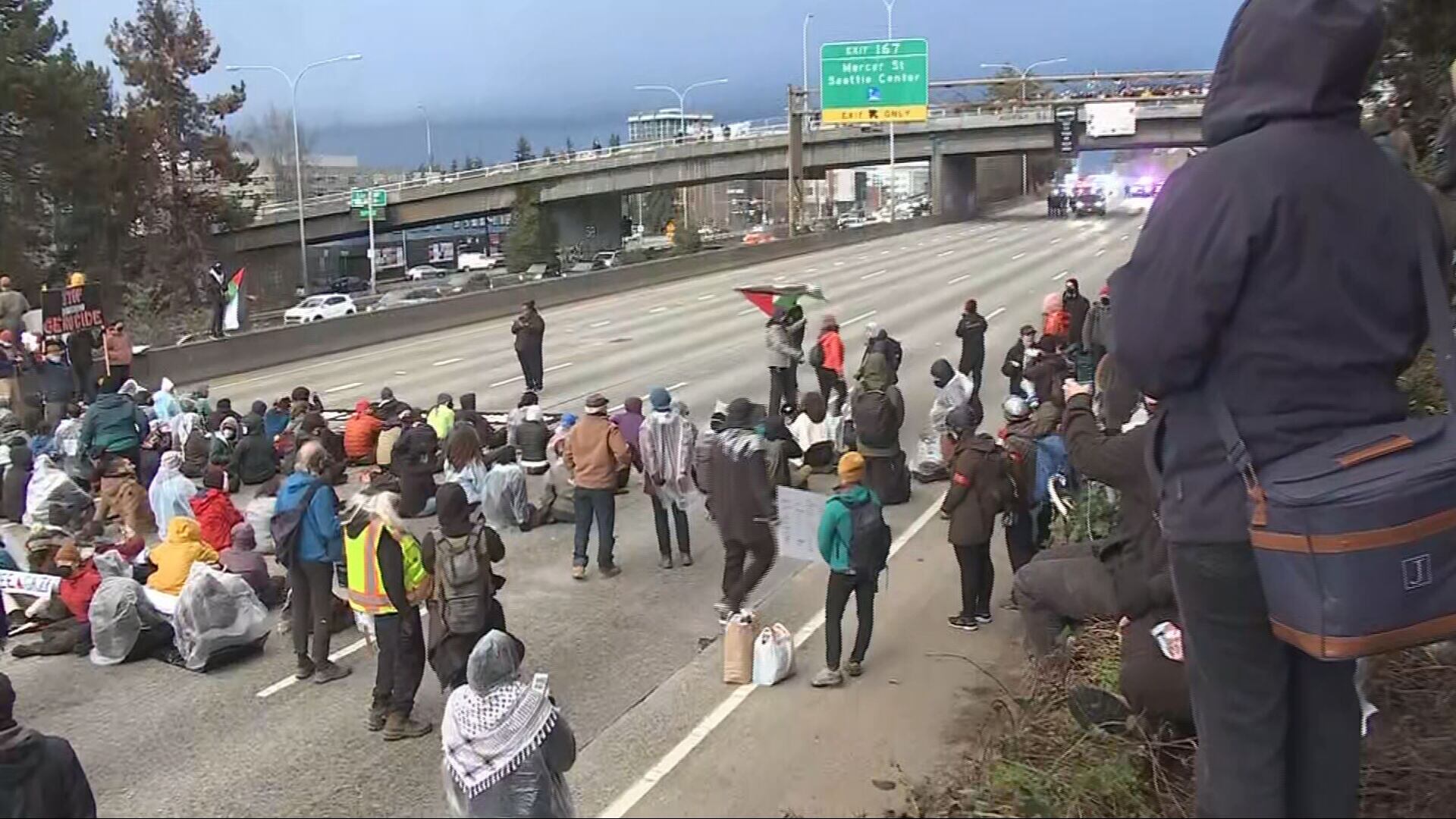 Protesters blocking I-5 through Seattle on Saturday, Jan. 6