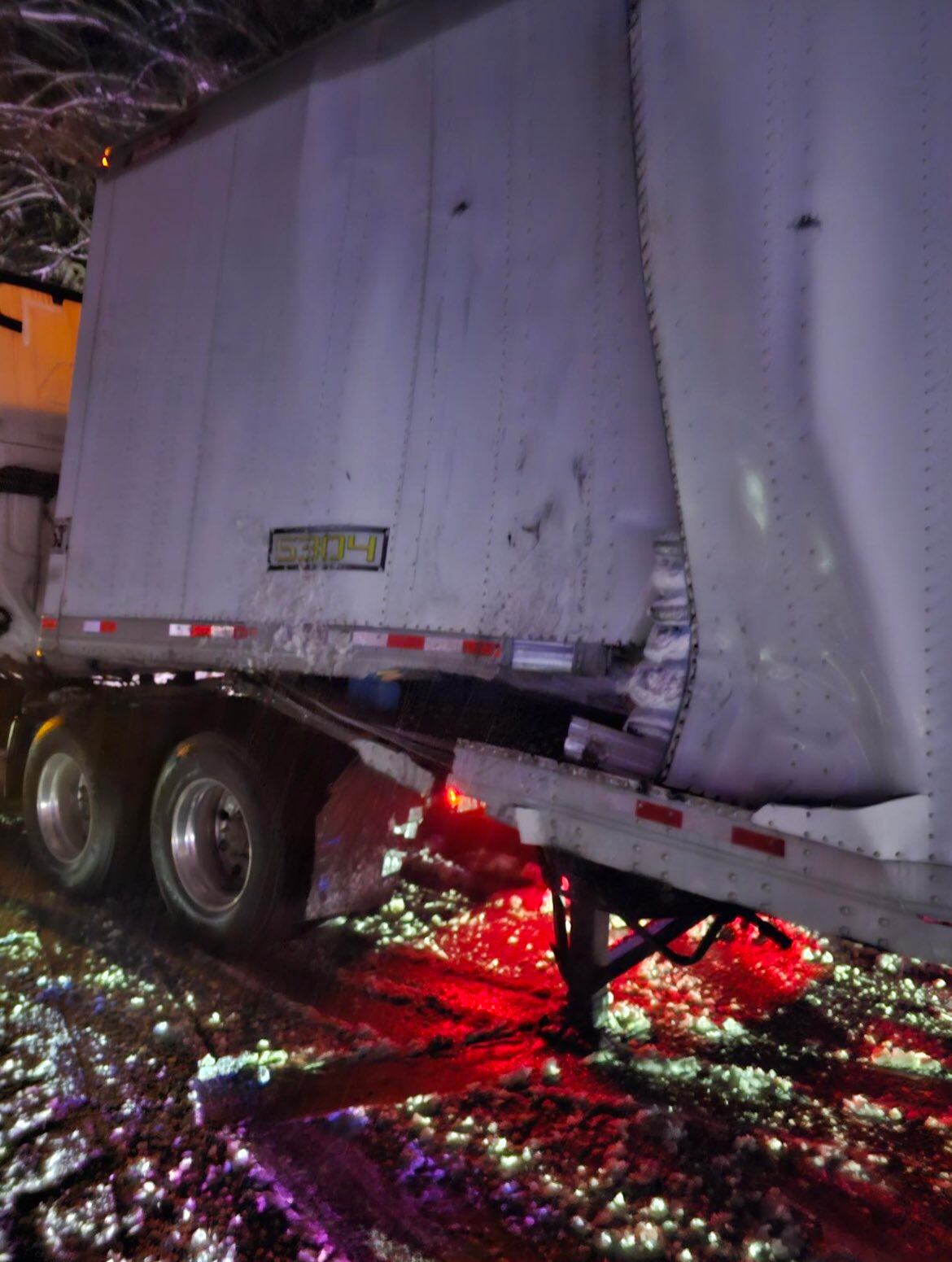 Conditions after a semi spun out on I-90 at Snoqualmie Pass