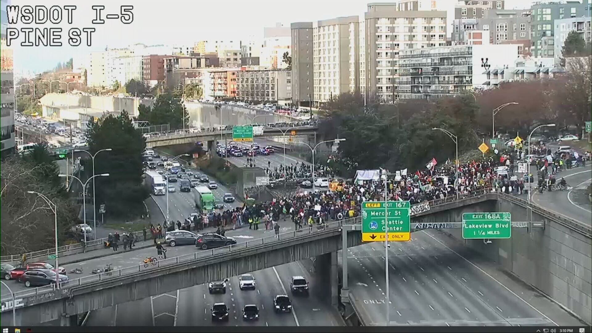 Protesters blocking I-5 through Seattle on Saturday, Jan. 6