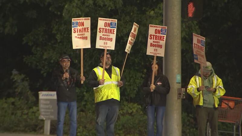 9-13-24. Boeing workers in Everett walk the picket line after rejection the company's proposed contract on Thursday.