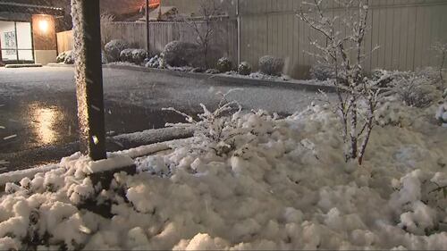 Snow fell in a narrow band just south of downtown Everett.