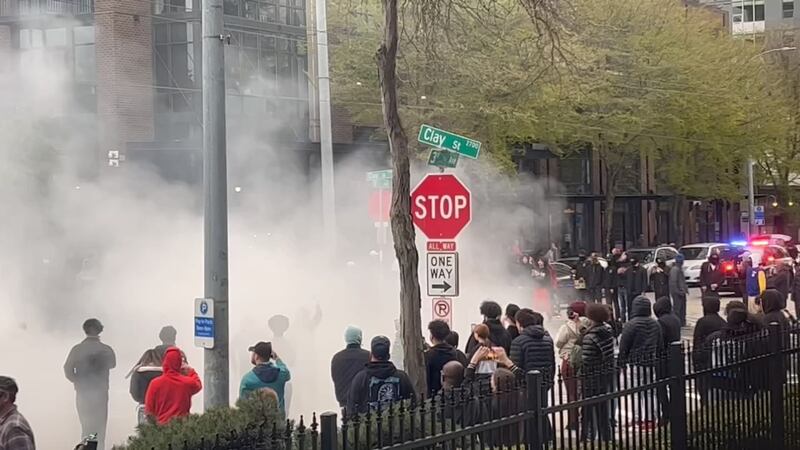 Tires squealed and smoke from burning rubber filled the air as cars did donuts outside the KIRO 7 studios on Saturday, April 15.