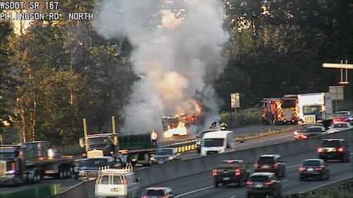 A trailer caught fire on the northbound SR 167 offramp to Ellingson Road.