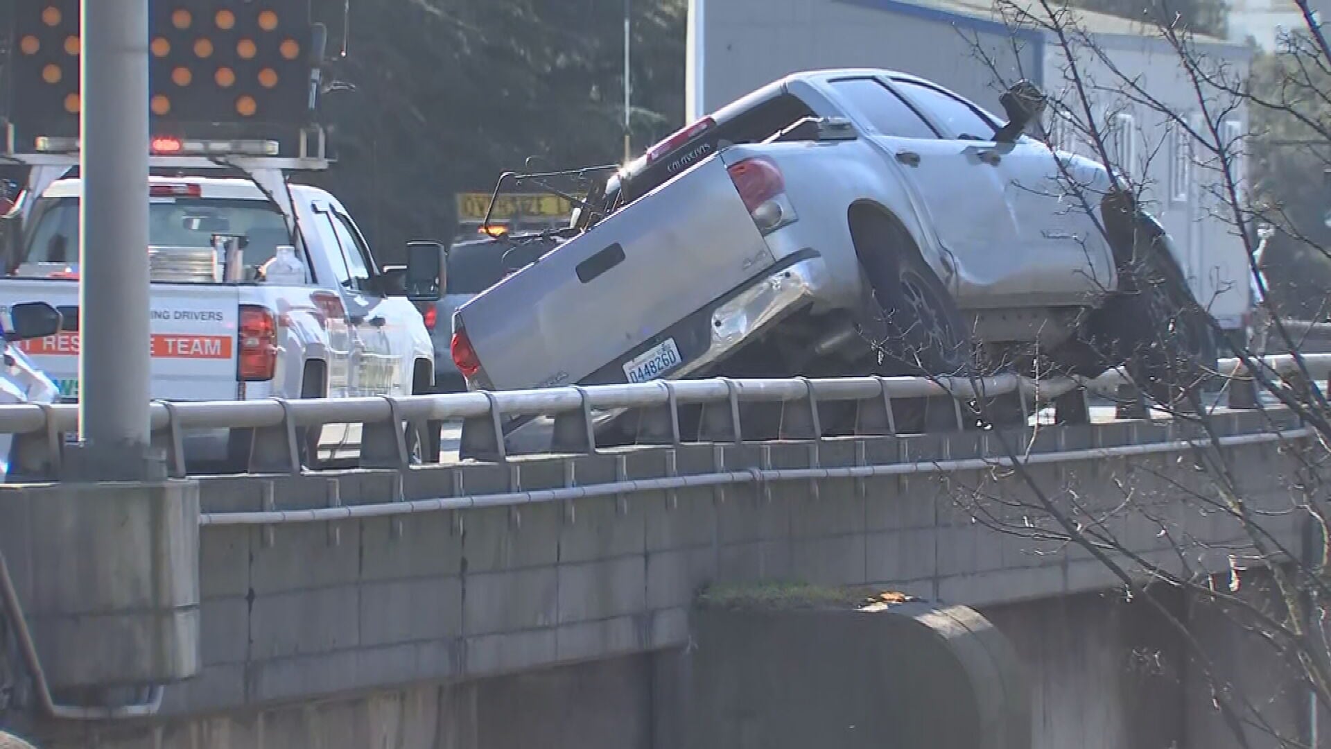 The truck is on southbound I-5 near Mercer Street, which is an elevated section of the freeway.