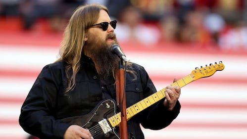 GLENDALE, ARIZONA - FEBRUARY 12: Chris Stapleton performs the national anthem before Super Bowl LVII between the Kansas City Chiefs and the Philadelphia Eagles at State Farm Stadium on February 12, 2023 in Glendale, Arizona. (Photo by Gregory Shamus/Getty Images)