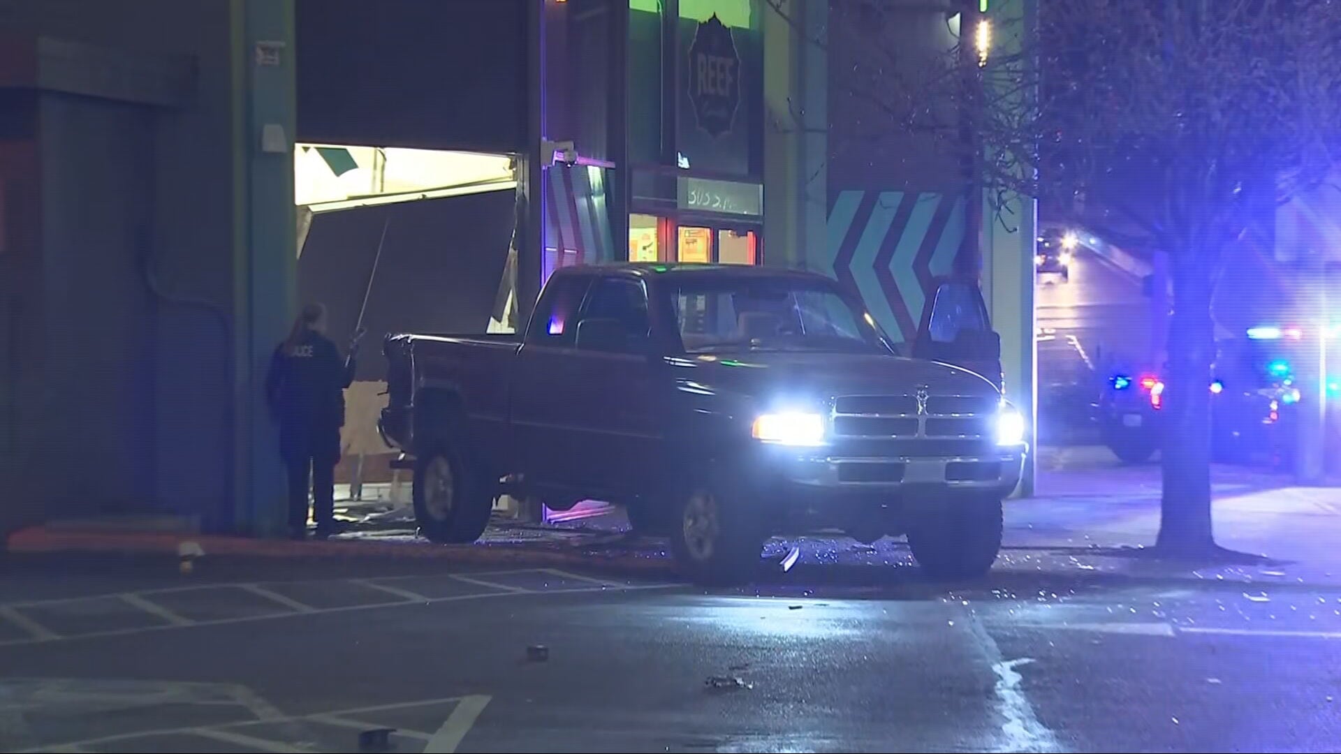 A Dodge pickup rammed a pot shop at East Marginal Way and South Michigan Street early Wednesday.