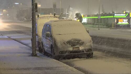Snow fell in a narrow band just south of downtown Everett.