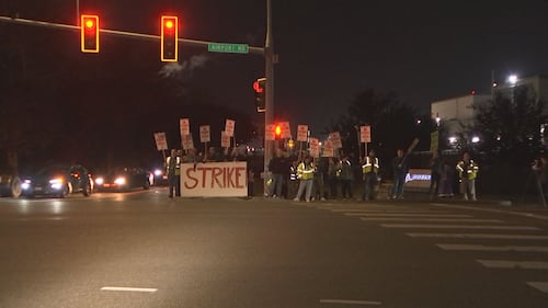 9-13-24. Boeing workers in Everett walk the picket line after rejection the company's proposed contract on Thursday.