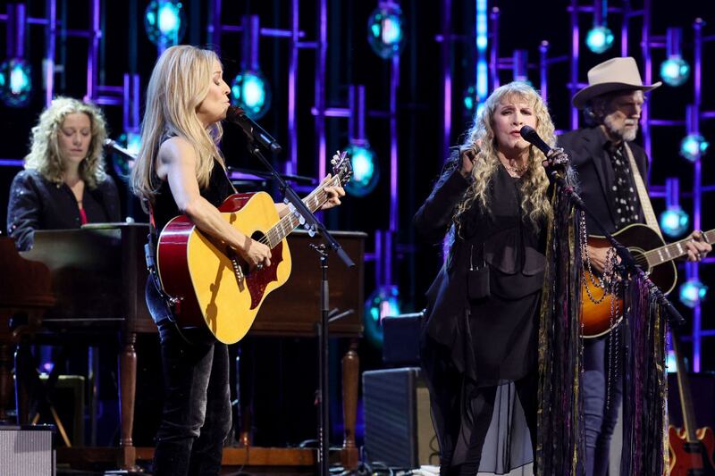 NEW YORK, NEW YORK - NOVEMBER 03: (L-R) Sheryl Crow and Stevie Nicks perform onstage during the 38th Annual Rock & Roll Hall Of Fame Induction Ceremony at Barclays Center on November 03, 2023 in New York City. (Photo by Theo Wargo/Getty Images for The Rock and Roll Hall of Fame )