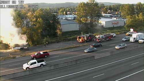 A trailer caught fire on the northbound SR 167 offramp to Ellingson Road.