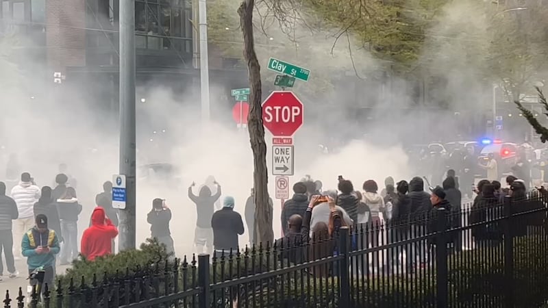 Tires squealed and smoke from burning rubber filled the air as cars did donuts outside the KIRO 7 studios on Saturday, April 15.