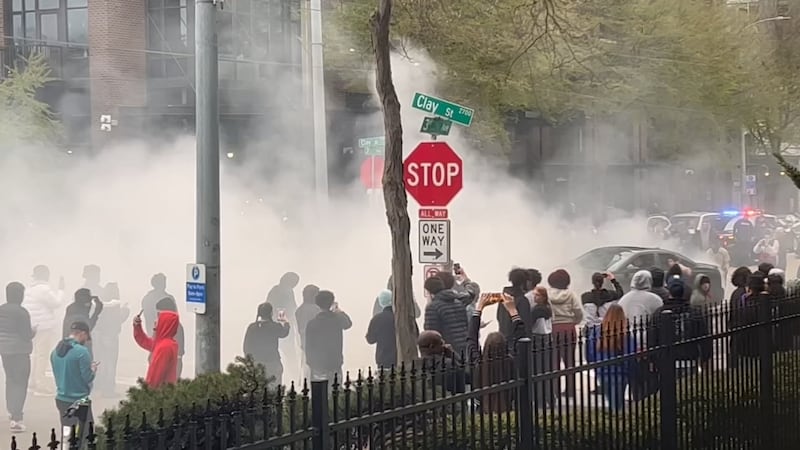 Tires squealed and smoke from burning rubber filled the air as cars did donuts outside the KIRO 7 studios on Saturday, April 15.