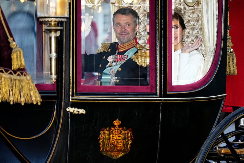 COPENHAGEN, DENMARK - JANUARY 14: King Frederik X and Queen Mary of Denmark arrive at Amalienborg after being proclaimed as King and Queen Denmark on January 14, 2024 in Copenhagen, Denmark. Her Majesty Queen Margrethe II steps down as Queen of Denmark and and entrusts the Danish throne to His Royal Highness The Crown Prince, who becomes His Majesty King Frederik X and Head of State of Denmark. (Photo by Martin Sylvest Andersen/Getty Images)