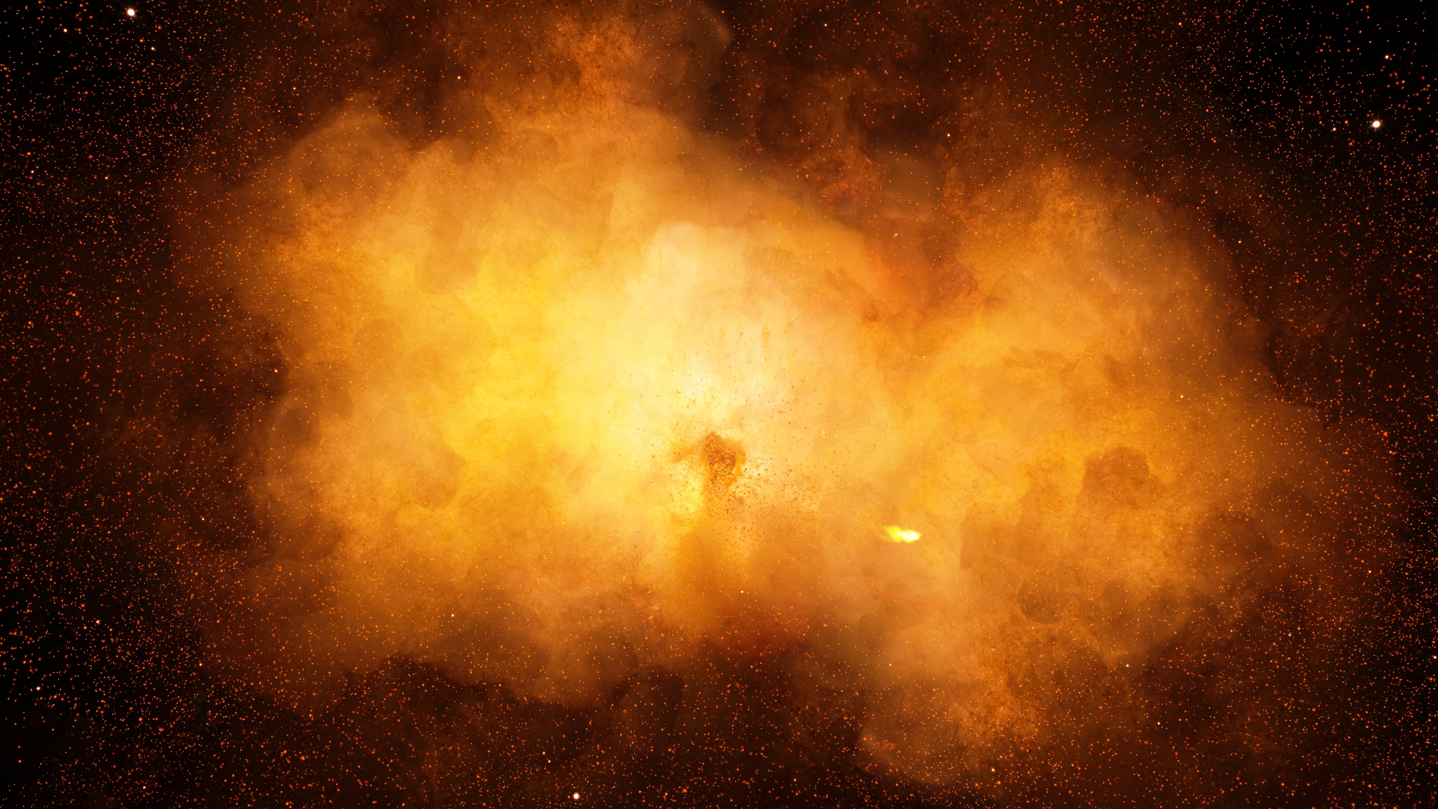 Huge, extremely hot explosion with sparks and hot smoke, against black background