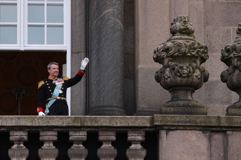 COPENHAGEN, DENMARK - JANUARY 14: The Crown Prince is formally proclaimed new Danish King Frederik X by the Prime Minister, Mette Frederiksen on the balcony of Christiansborg Palace on January 14, 2024 in Copenhagen, Denmark. King Frederik X is succeeding Queen Margrethe II, who will be stepping down after reigning for 51 years. (Photo by Sean Gallup/Getty Images)