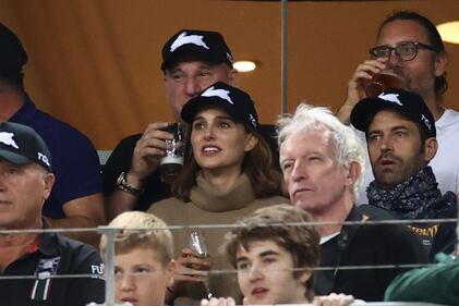 SYDNEY, AUSTRALIA - MARCH 26: Actress Natalie Portman with her husband Benjamin Millepied watch the round three NRL match between the South Sydney Rabbitohs and the Sydney Roosters at Stadium Australia on March 26, 2021, in Sydney, Australia. (Photo by Cameron Spencer/Getty Images)