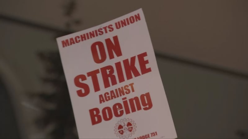 9-13-24. Boeing workers in Everett walk the picket line after rejection the company's proposed contract on Thursday.