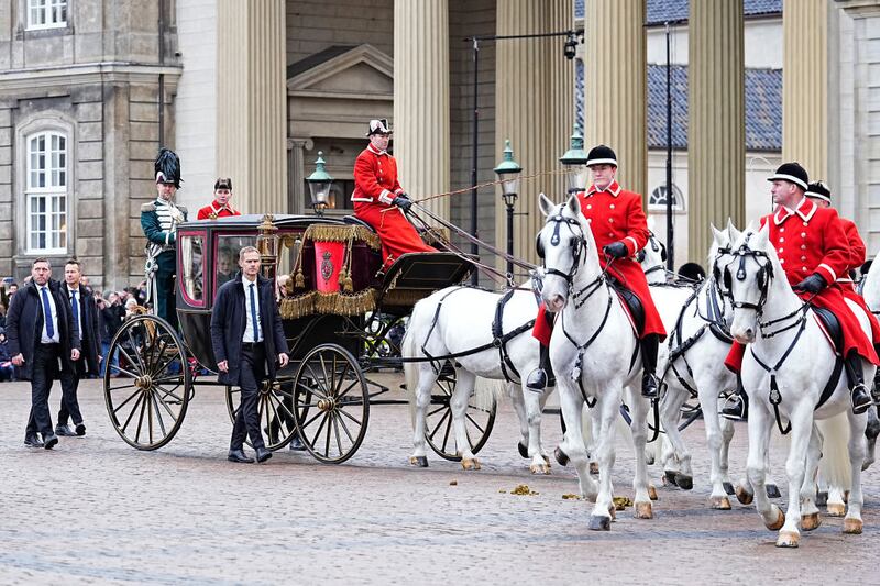 COPENHAGEN, DENMARK - JANUARY 14: Queen Margrethe II of Denmark leaves for the proclamation of HM King Frederik X and HM Queen Mary of Denmark at Amalienborg Palace Square on January 14, 2024 in Copenhagen, Denmark. Her Majesty Queen Margrethe II steps down as Queen of Denmark and and entrusts the Danish throne to His Royal Highness The Crown Prince, who becomes His Majesty King Frederik X and Head of State of Denmark. (Photo by Martin Sylvest Andersen/Getty Images)