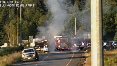 A trailer caught fire on the northbound SR 167 offramp to Ellingson Road.