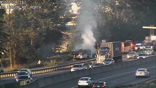 A trailer caught fire on the northbound SR 167 offramp to Ellingson Road.