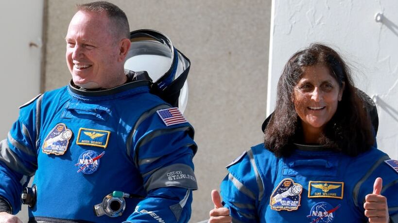CAPE CANAVERAL, FLORIDA - JUNE 01: NASA’s Boeing Crew Flight Test Commander Butch Wilmore (L) and Pilot Suni Williams walk out of the Operations and Checkout Building on June 01, 2024 in Cape Canaveral, Florida. The astronauts are heading to Boeing’s Starliner spacecraft, which sits atop a United Launch Alliance Atlas V rocket at Space Launch Complex 41 for NASA’s Boeing crew flight test to the International Space Station. (Photo by Joe Raedle/Getty Images)