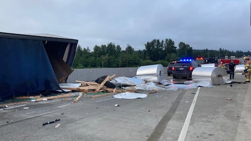 Semi overturned on onramp to southbound I-5 in Lakewood.