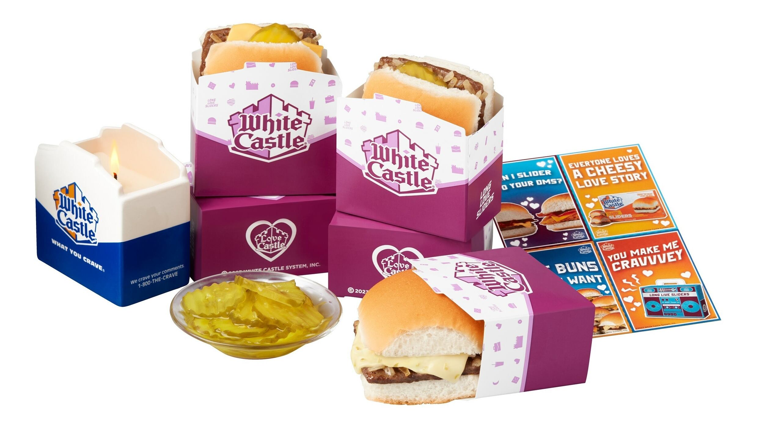 White Castle's Love Kit includes 12 Sliders — four Original Sliders, four Classic Cheese Sliders and four Jalapeño Cheese Sliders — with preparation instructions to recreate the signature steamed taste of Sliders purchased in a White Castle restaurant. The kit also includes dill pickles to top the Sliders, 12 Valentine’s Day-themed Slider boxes, a White Castle scented candle and a collection of exclusive “Craventine” cards to share.