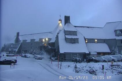 View of snow-covered lodge at Timberline on Mount Hood.