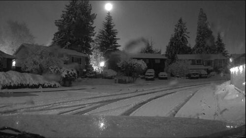 Snow fell in a narrow band just south of downtown Everett.