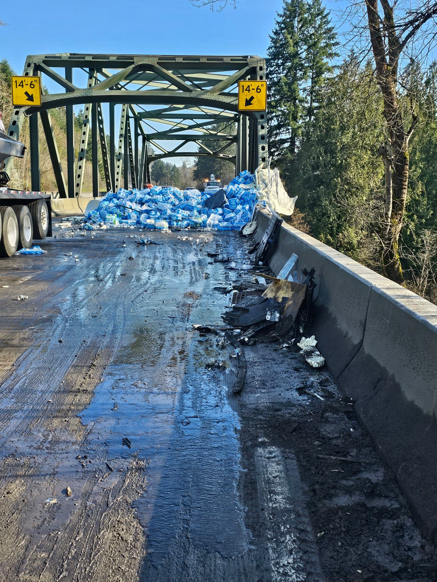 The semi was carrying a load of bottled water.