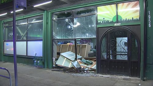 At about 3:45 a.m., burglars rammed Cannazone Seattle on First Avenue South near Walker Street, which is adjacent to a Starbucks, on March 19, 2024.