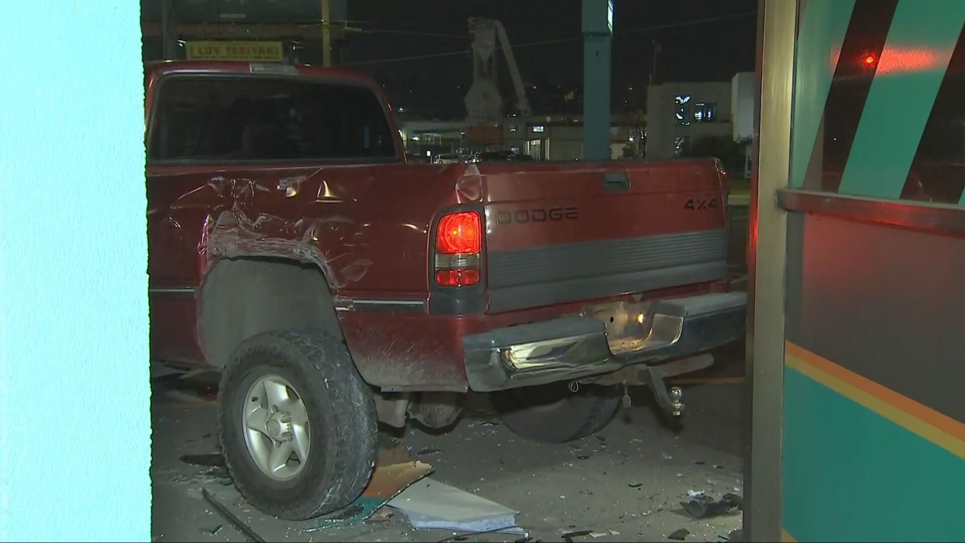 A Dodge pickup rammed a pot shop at East Marginal Way and South Michigan Street early Wednesday.