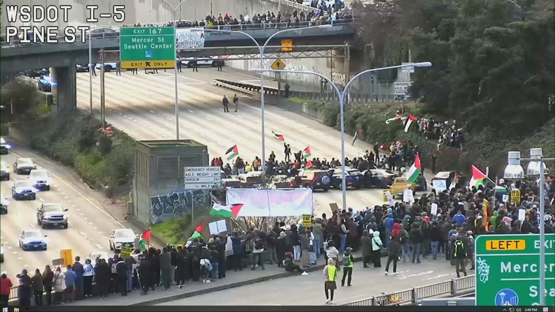 Protesters blocking I-5 through Seattle on Saturday, Jan. 6