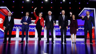 From left, Democratic presidential candidates, former New York City Mayor Mike Bloomberg, former South Bend Mayor Pete Buttigieg, Sen. Elizabeth Warren, D-Mass., Sen. Bernie Sanders, I-Vt., former Vice President Joe Biden, Sen. Amy Klobuchar, D-Minn., and businessman Tom Steyer participate in a Democratic presidential primary debate, Tuesday, Feb. 25, 2020, in Charleston, S.C.