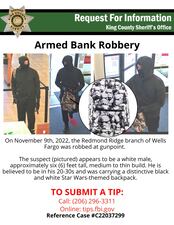 Police need help locating this man who robbed a Wells Fargo in Redmond.