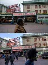 SEATTLE, WASHINGTON - MARCH 10: (Top Photo, Master ID: 1211670446)  The Pike Place Market sits virtually empty of patrons on March 10, 2020 in downtown Seattle, Washington. The historic farmer's market is Seattle's most popular tourist attraction, and business has been especially hard hit by coronavirus fears.  (Photo by John Moore/Getty Images)

SEATTLE, WASHINGTON - MARCH 09: (Bottom Photo, Master ID: 1384233326) People walk past the Pike Place Market, Seattle's top tourist destination on March 09, 2022 in Seattle, Washington. Two years earlier on March 11, 2020, the World Health Organization declared the coronavirus outbreak a global pandemic, and Seattle was the first U.S. city with a major outbreak. Washington State is due to finally lift its indoor mask mandate on March 12. (Photo by John Moore/Getty Images)