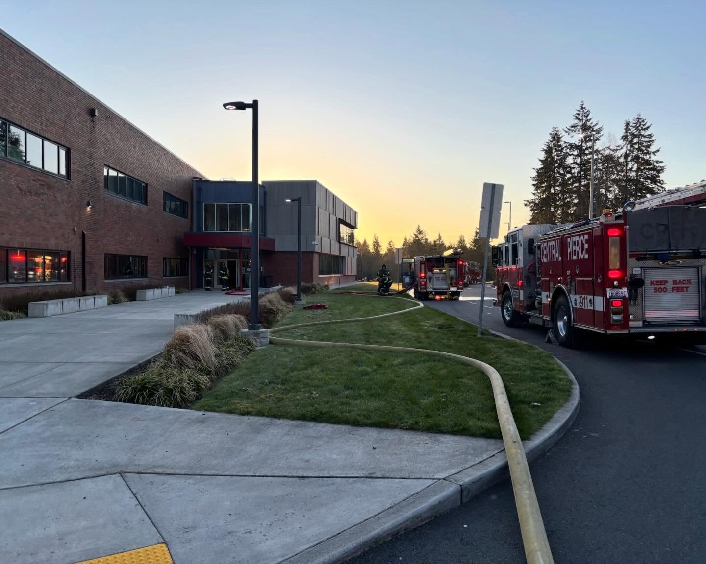 Fire engines respond to a smoky fire that damaged a junior high school in Puyallup Saturday. (Photo: Central Pierce Fire & Rescue)
