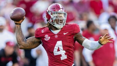 FILE - Alabama quarterback Jalen Milroe looks to throw against Missouri during the second half of an NCAA college football game, Saturday, Oct. 26, 2024, in Tuscaloosa, Ala. (AP Photo/Vasha Hunt, File)