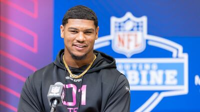INDIANAPOLIS, INDIANA - FEBRUARY 27: Elijah Arroyo of Miami speaks to the media during the 2025 NFL Scouting Combine at Lucas Oil Stadium on February 27, 2025 in Indianapolis, Indiana. (Photo by Michael Hickey/Getty Images)