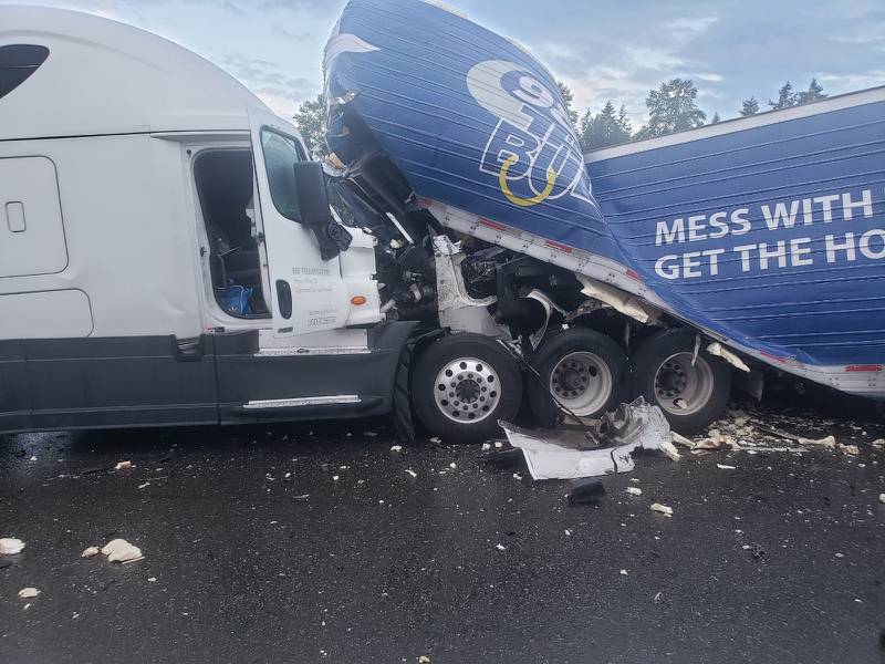 Semi-trucks were involved in a crash that blocked all lanes of northbound I-5 near Fife.